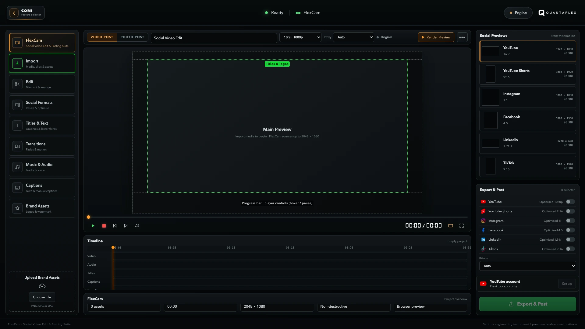 Empty FlexCam social video workspace ready for imported media