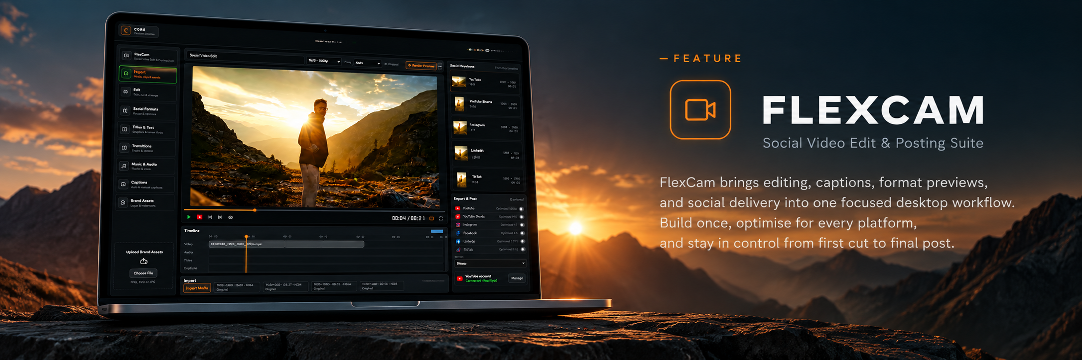 FlexCam social video editing and publishing interface displayed on a desktop computer