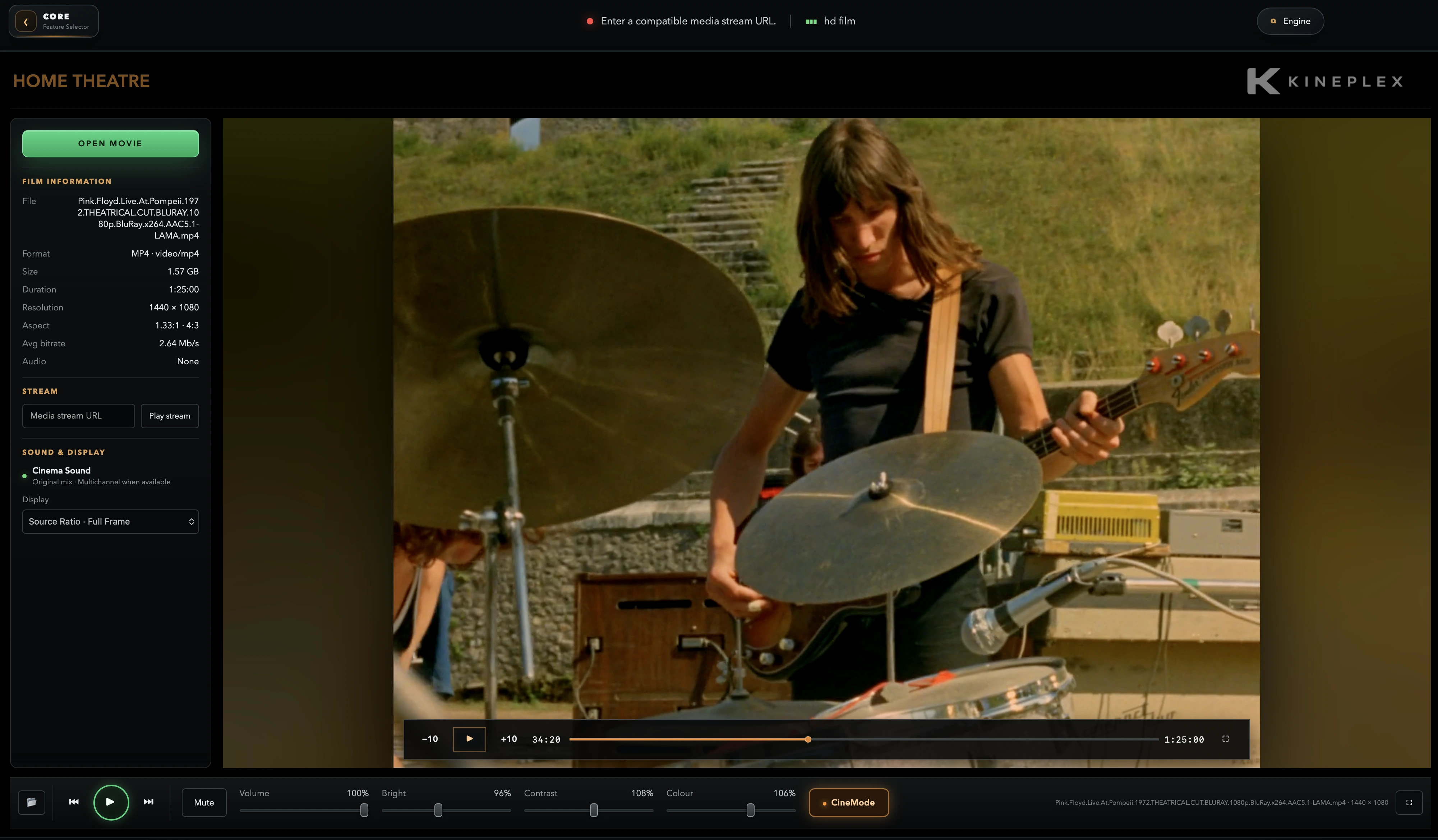 KINEPLEX CinemaMode controls for local media and compatible streams