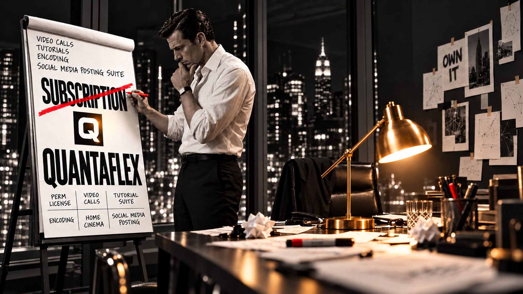A creative director considers a Quantaflex campaign board marked OWN IT.